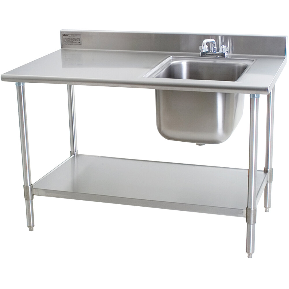 Eagle Group T3048SEB-BS-E23 30" x 48" Stainless Steel Deluxe Work Table with Sink - Sink on Right