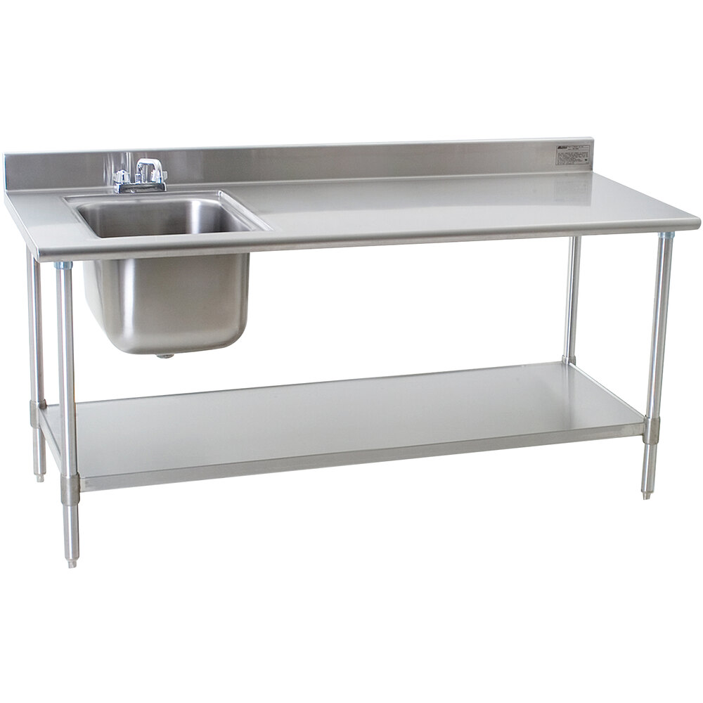 Eagle Group T3072SEB-BS-E23 30" x 72" Stainless Steel Deluxe Work Table with Sink - Sink on Left