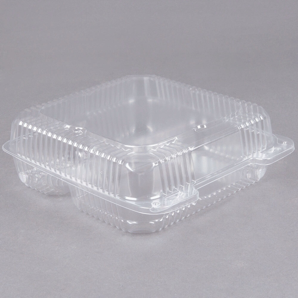 Durable Packaging PXT-933 Duralock 9" x 9" x 3" Three Compartment Clear Hinged Lid Plastic Container - 200/Case