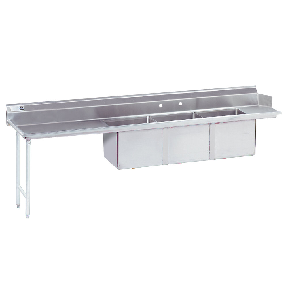 Advance Tabco DTC-3-1620-84X 7' Stainless Steel Soil Straight Dishtable with 3-Compartment Sink - 16" x 20" Bowls - Left Drainboard