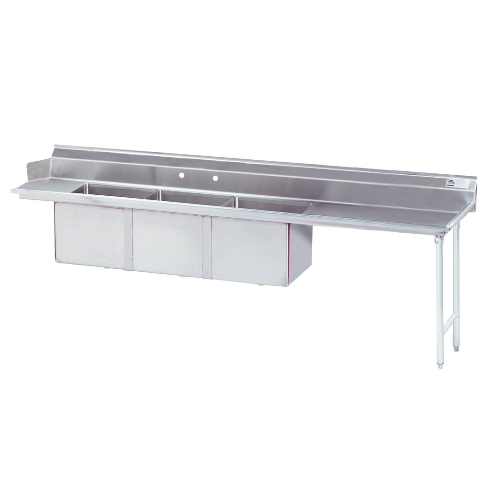 Advance Tabco DTC-3-2020-96 8' Stainless Steel Soil Straight Dishtable with 3-Compartment Sink - 20" x 20" Bowls - Right Drainboard