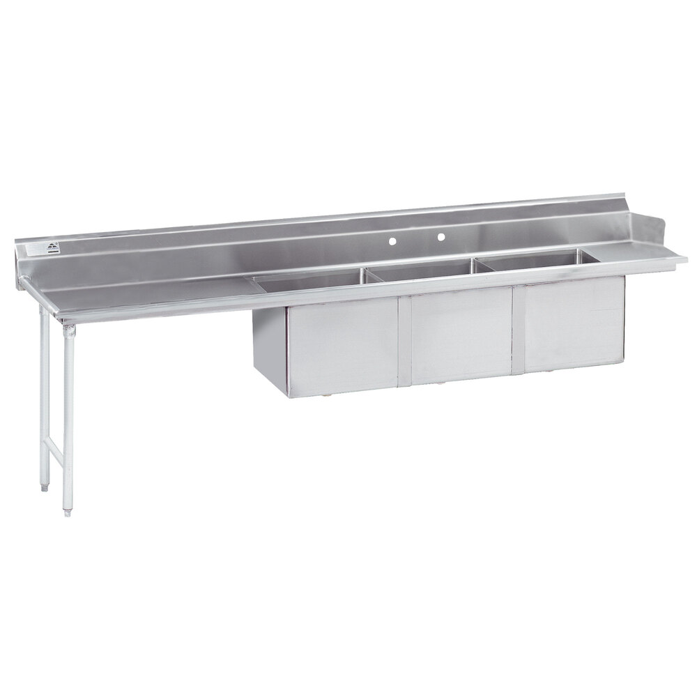 Advance Tabco DTC-3-2020-144 12' Stainless Steel Soil Straight Dishtable with 3-Compartment Sink - 20" x 20" Bowls - Left Drainboard