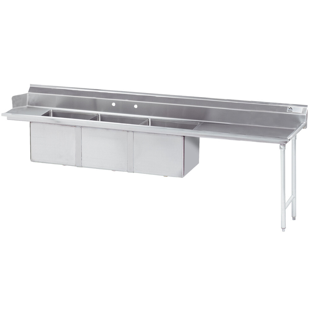 Advance Tabco DTC-3-2020-144 12' Stainless Steel Soil Straight Dishtable with 3-Compartment Sink - 20" x 20" Bowls - Right Drainboard
