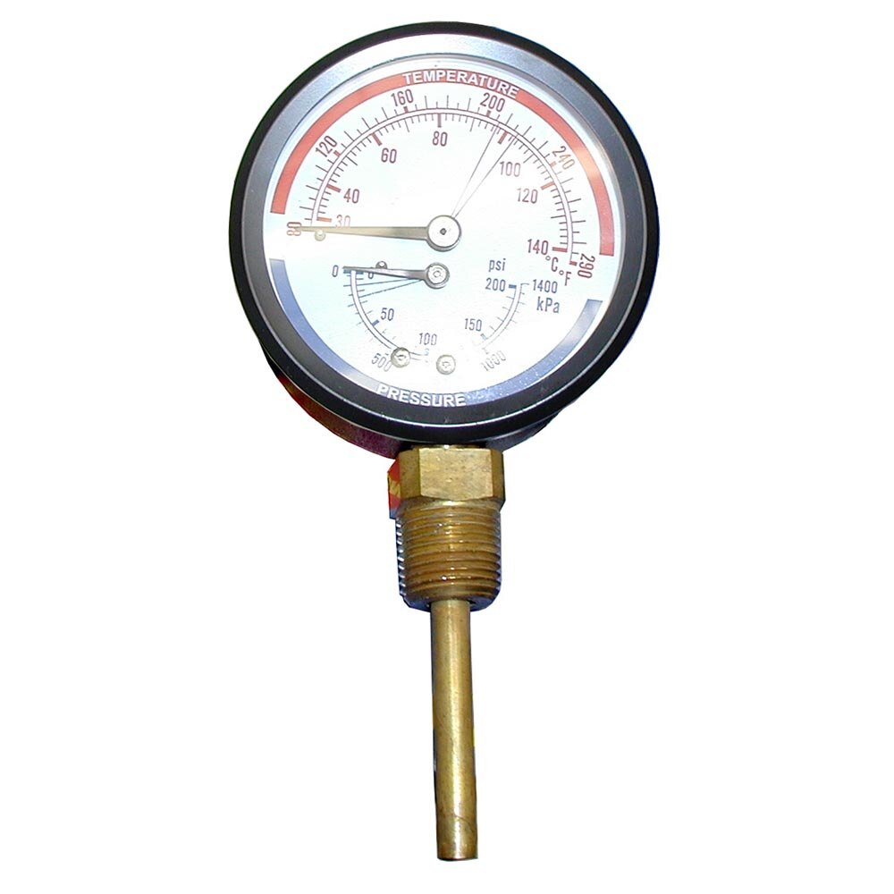 AllPoints 621004 Pressure / Temperature Gauge; 0 - 200 PSI; 50 - 290 Degrees Fahrenheit; 1/2" MPT Bottom Mount