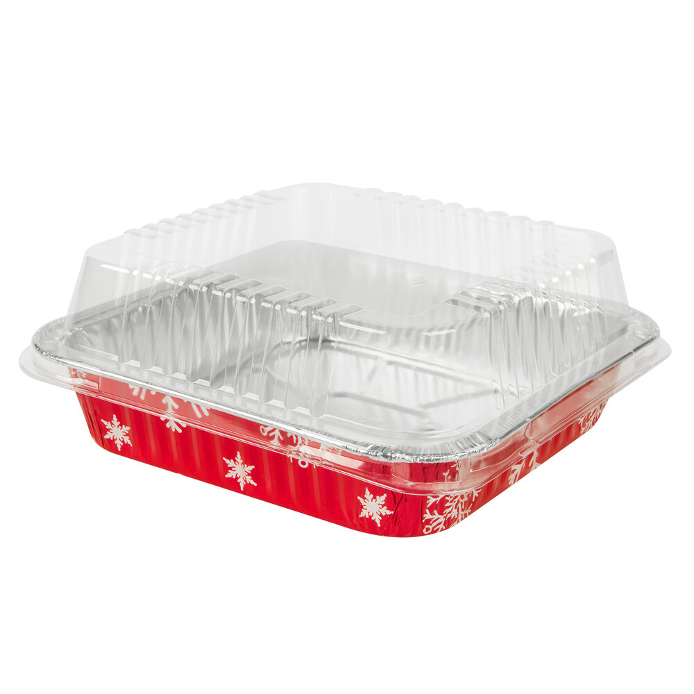 Durable Packaging 9101X 8" Square Holiday Foil Cake Pan with Clear Dome Lid - 100/Case