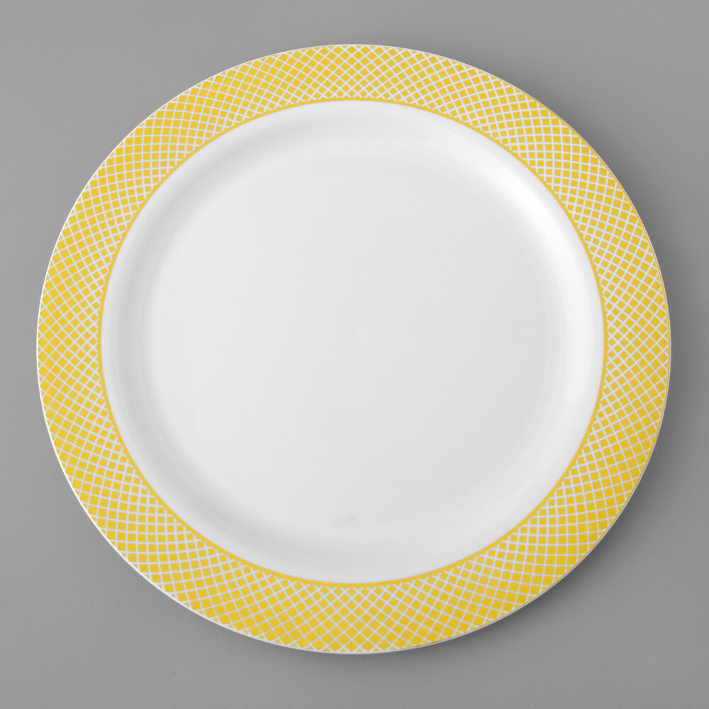 Visions Lattice 10" White Plastic Plate with Gold Lattice Design - 12/Sample