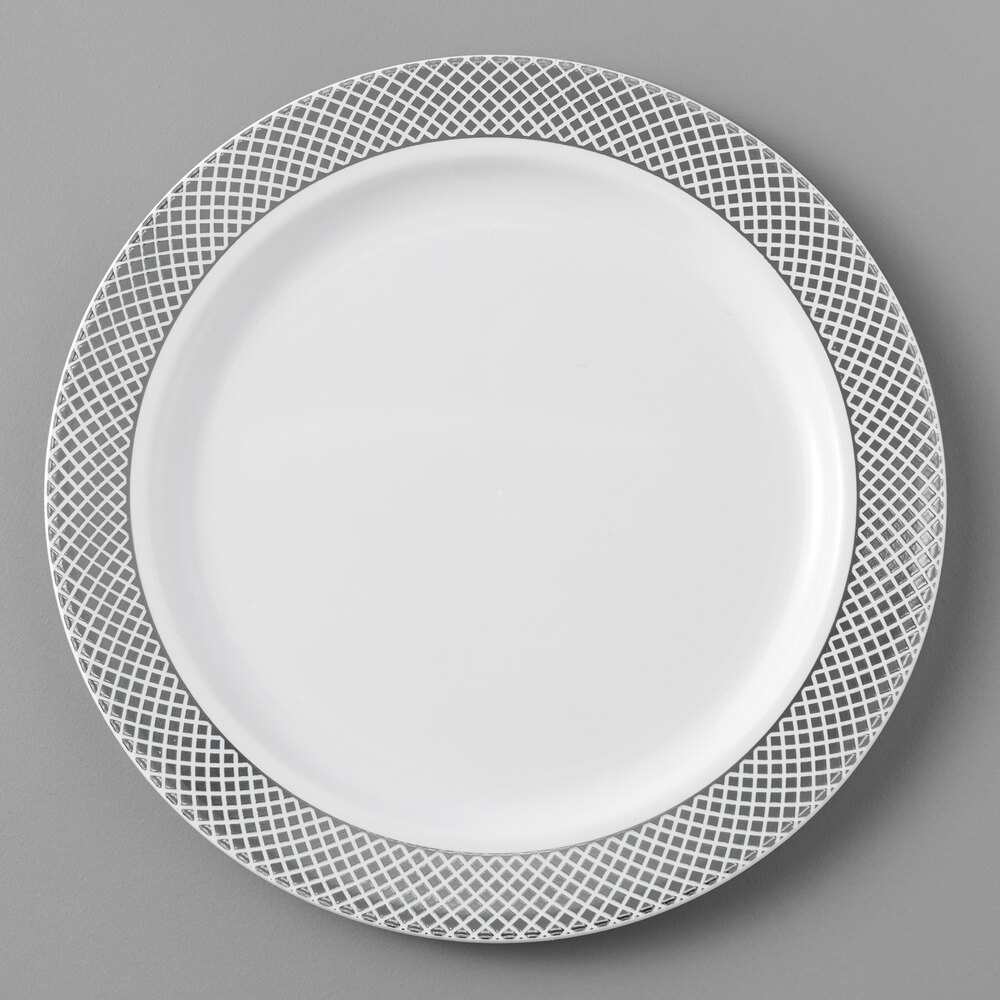 Visions Lattice 6" White Plastic Plate with Silver Lattice Design - 150/Case