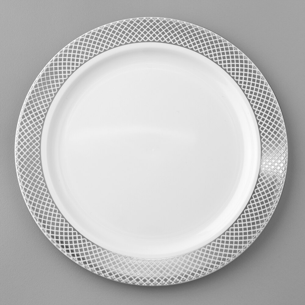Visions Lattice 7" White Plastic Plate with Silver Lattice Design - 15/Sample