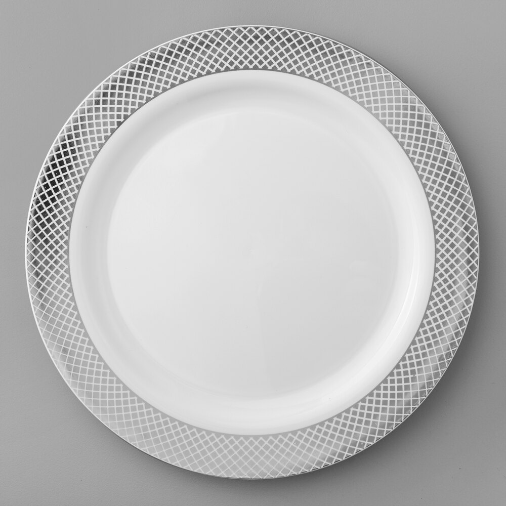 Visions Lattice 9" White Plastic Plate with Silver Lattice Design - 120/Case