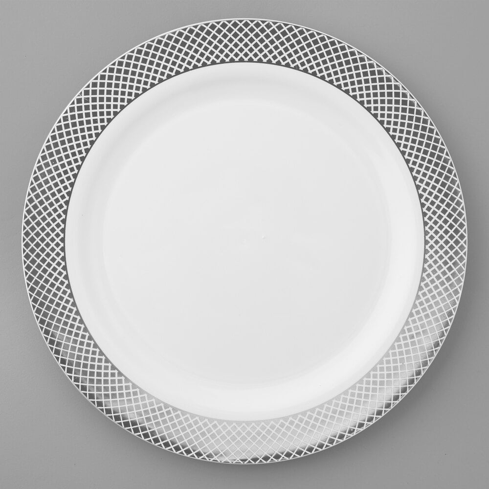 Visions Lattice 10" White Plastic Plate with Silver Lattice Design - 120/Case