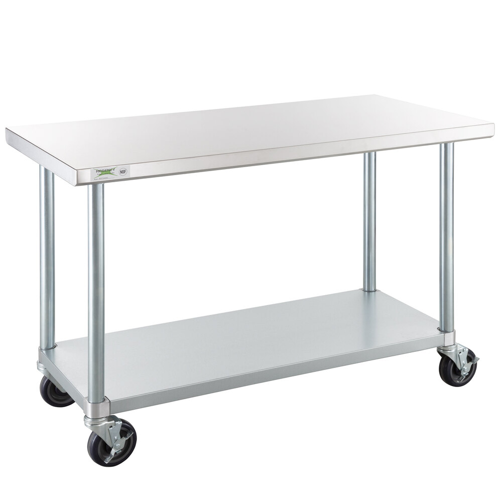 Regency 24" x 48" 18 Gauge 304 Stainless Steel Commercial Work Table with Galvanized Legs, Undershelf, and Casters