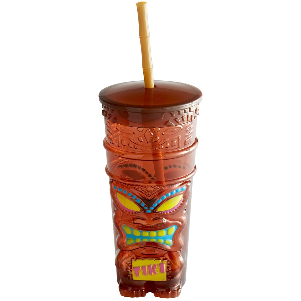 22 oz. Translucent Brown Tiki Tropical Cup with Straw - 84/Case