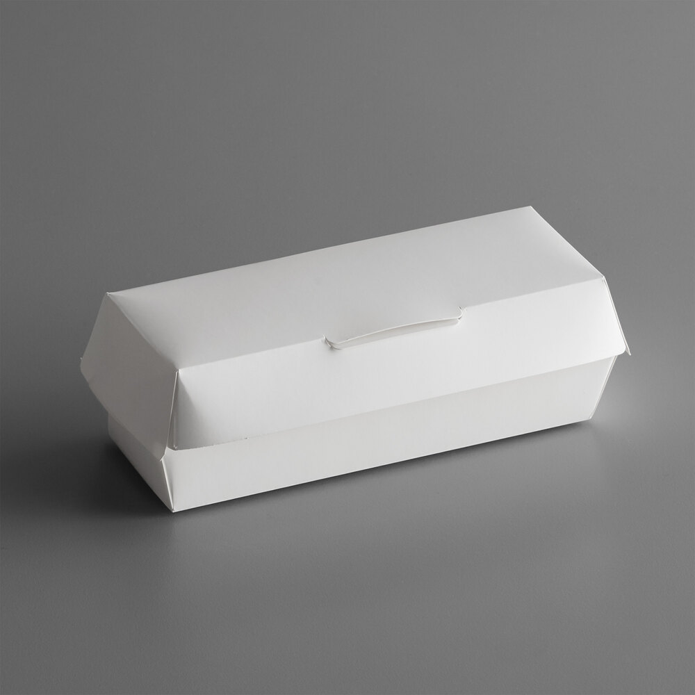 6 1/8" x 2 1/8" x 2 1/4" White Paper Hot Dog Clamshell Container - 125/Pack