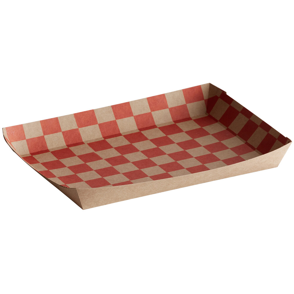 10 1/2" x 7 1/2 x 1 1/2" Red Checkered Kraft Lunch Tray - 50/Pack