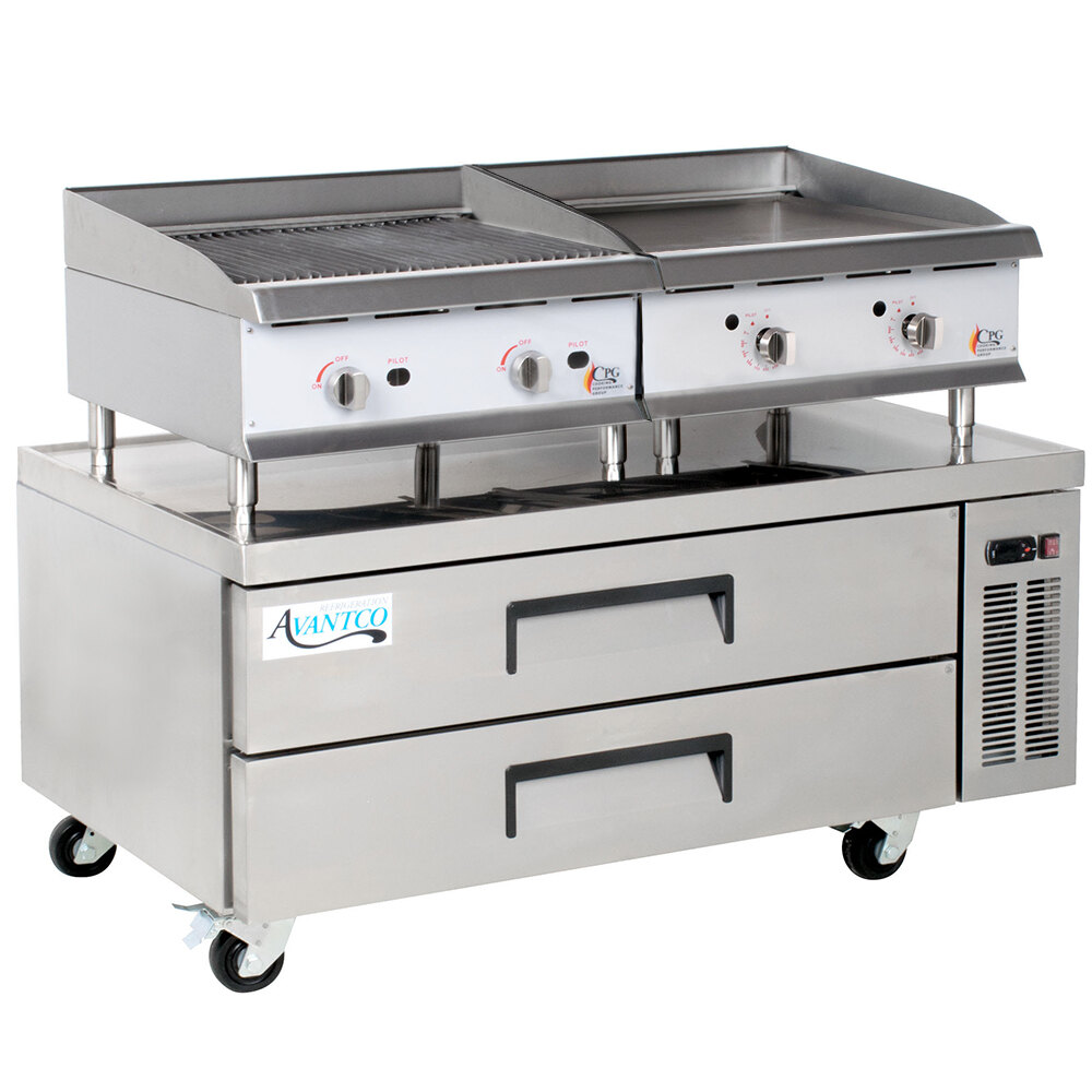Cooking Performance Group 24GTCLBNL 24" Gas Griddle and Gas Lava Briquette Charbroiler with 52", 2 Drawer Refrigerated Chef Base - 140,000 BTU