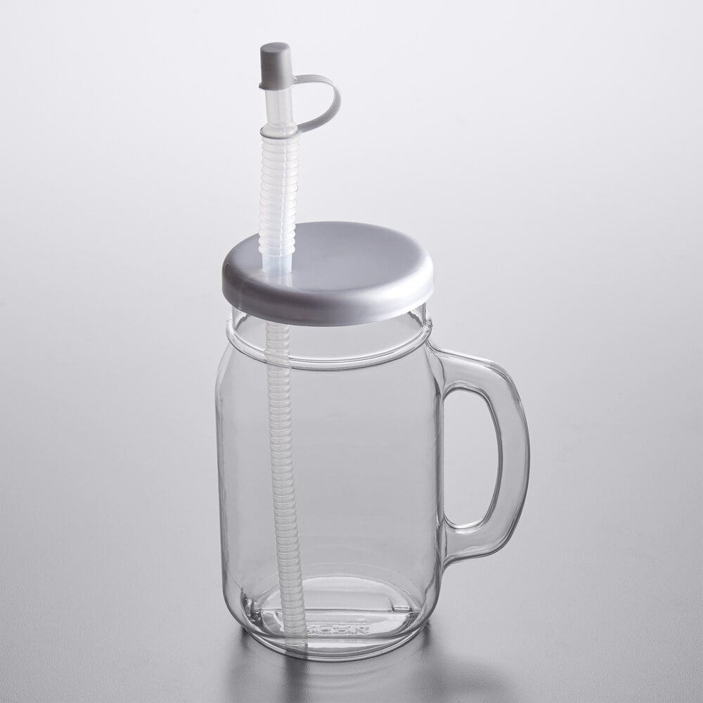 28 oz. Clear Plastic Drinking Jar with Lid and Straw - 60/Case