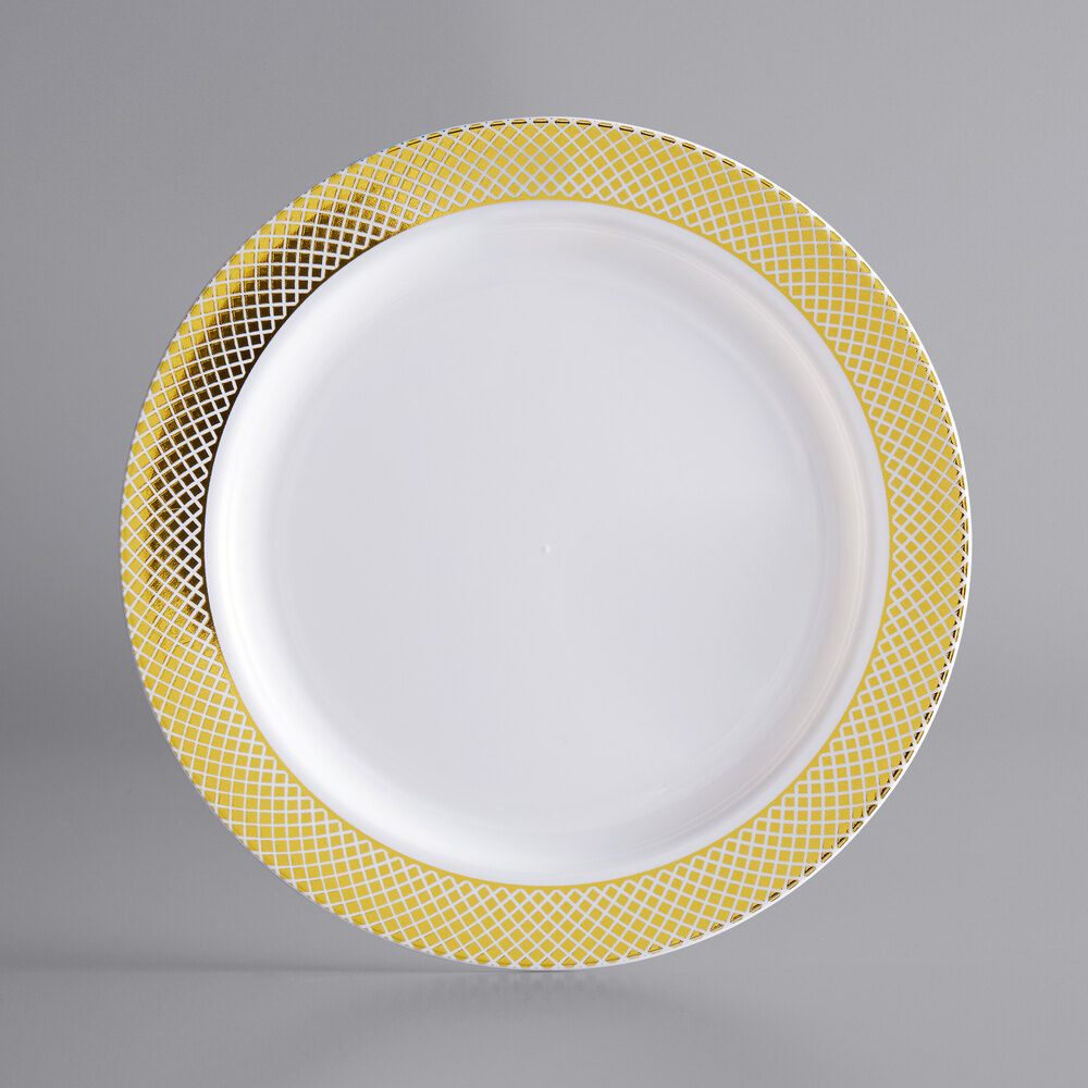 Visions Lattice 6" White Plastic Plate with Gold Lattice Design - 150/Case