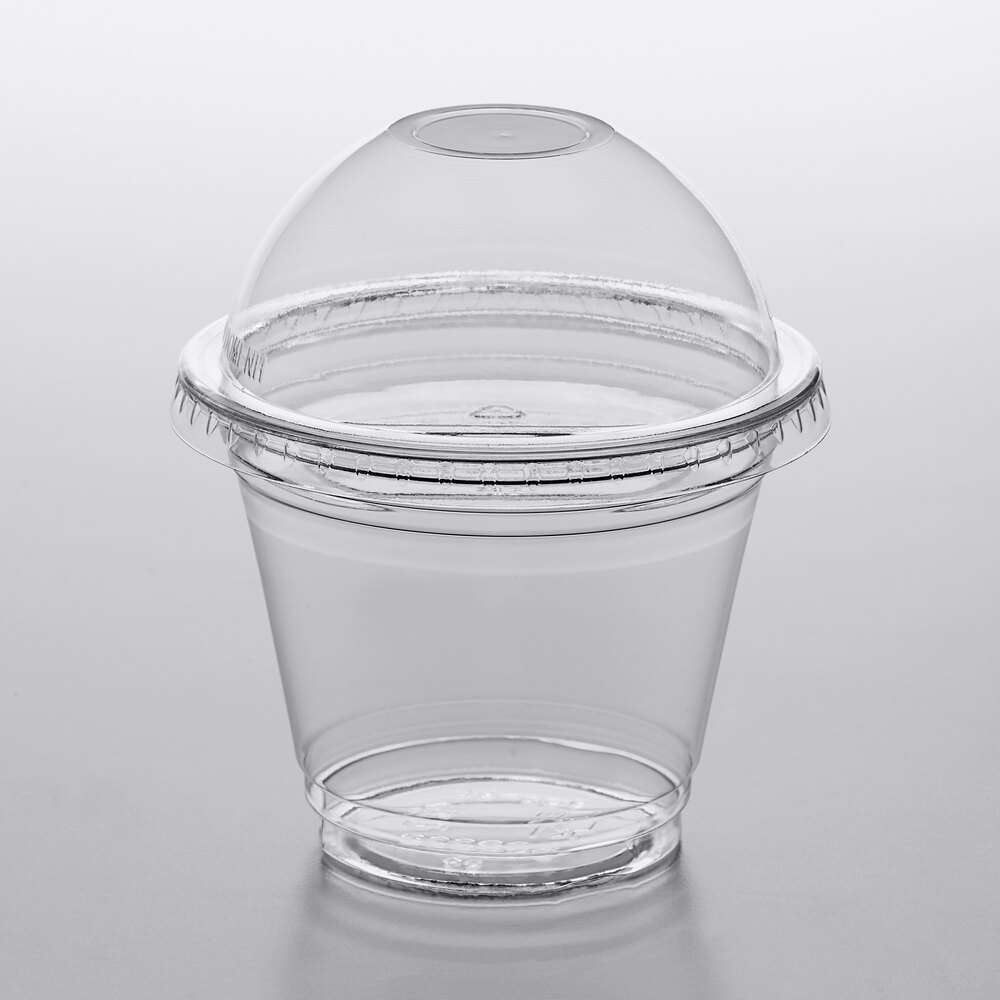 Choice 9 oz. Clear Plastic Squat Cold Cup with 2 oz. Insert and PET Dome Lid with No Hole - 100/Pack