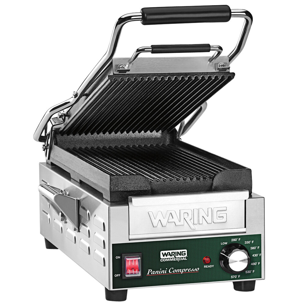 Waring WPG200 Compresso Slimline Panini Grill with Grooved Top and Bottom Plates - 7 3/4" x 14 1/2" Cooking Surface - 120V, 1800W