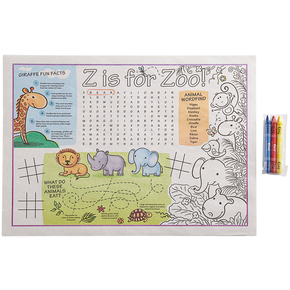 Choice 10" x 14" Kids Zoo Themed Interactive Placemat with 3 Pack Kids' Restaurant Crayons in Cello Wrap - 1,000/Case