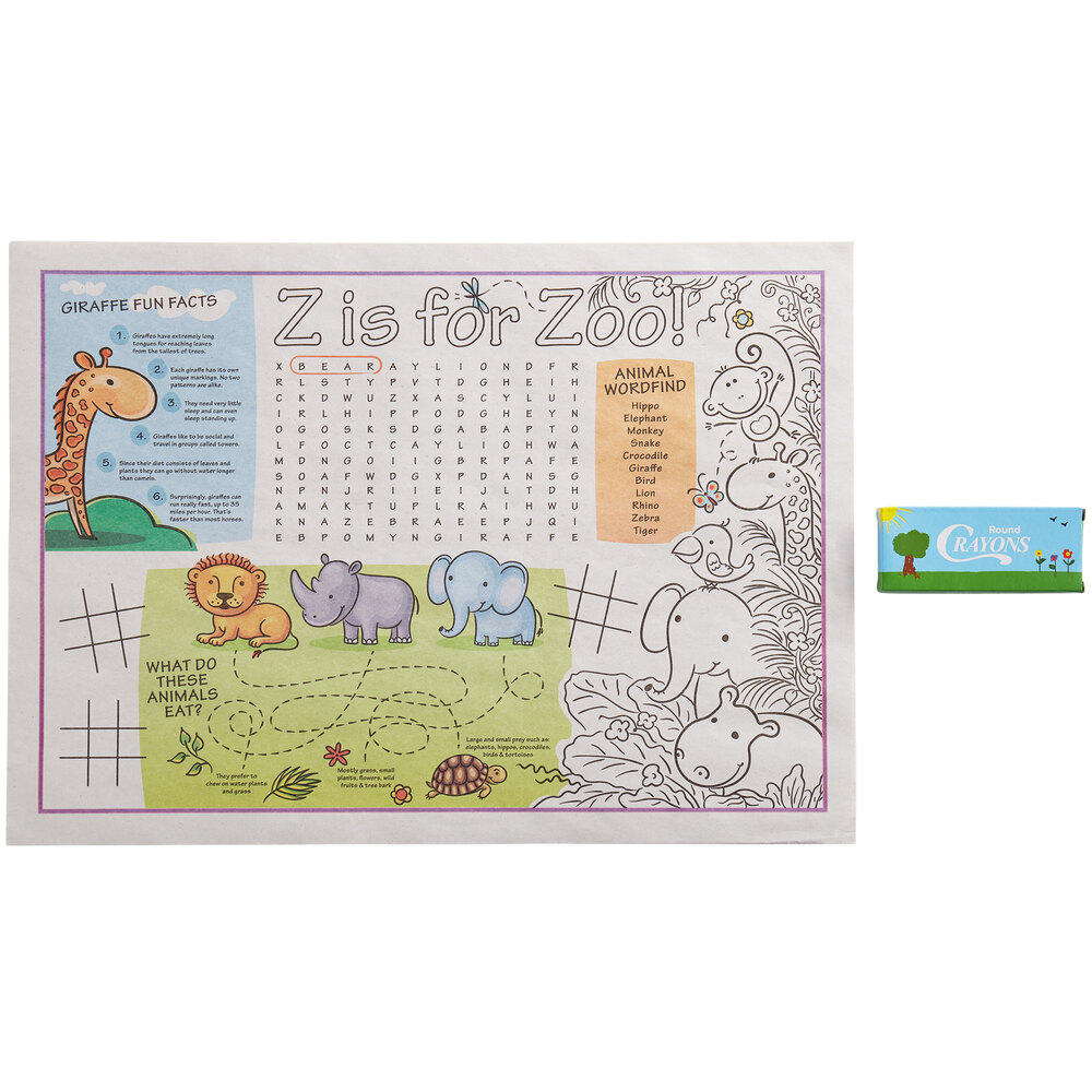 Choice 10" x 14" Kids Zoo Themed Interactive Placemat with 4 Pack Kids' Restaurant Crayons - 1,000/Case