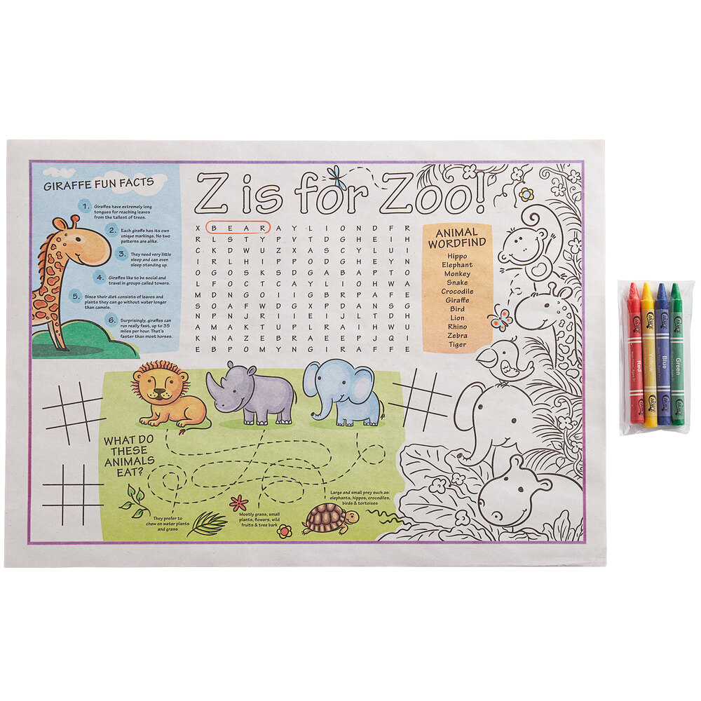Choice 10" x 14" Kids Zoo Themed Interactive Placemat with 4 Pack Kids' Restaurant Crayons in Cello Wrap - 1,000/Case