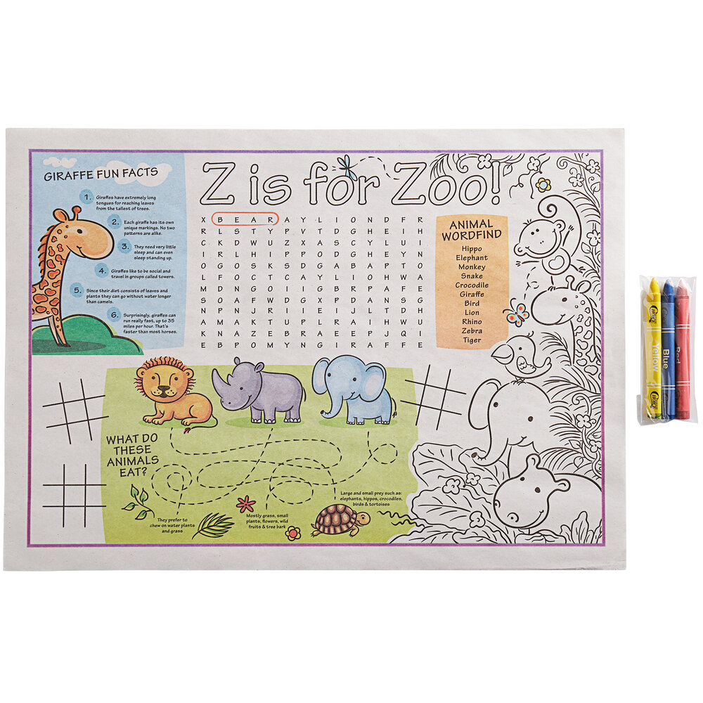 Choice 10" x 14" Kids Zoo Themed Interactive Placemat with 3 Pack Triangular Kids' Restaurant Crayons in Cello Wrap - 1,000/Case