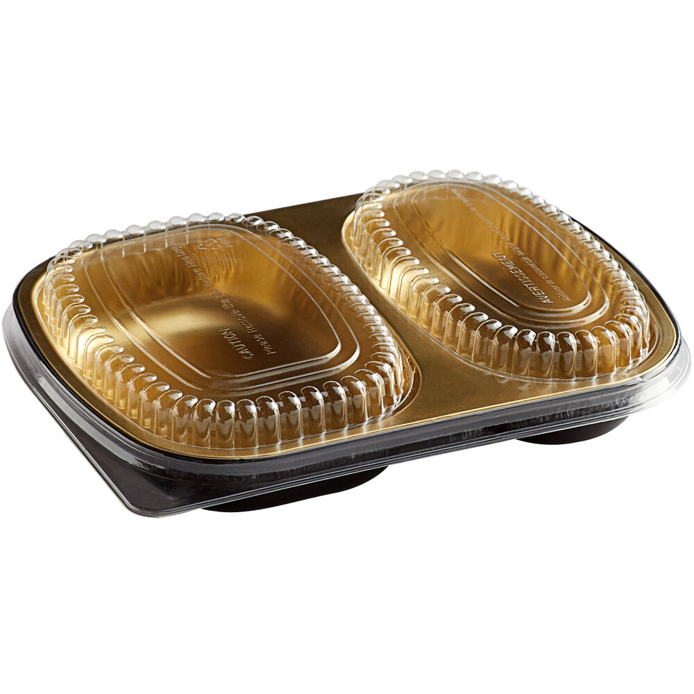 Choice Heavy Duty Smoothwall 2-Compartment Black and Gold Oblong Foil Take Out Pan with Dome Lid 29 oz. - 100/Case