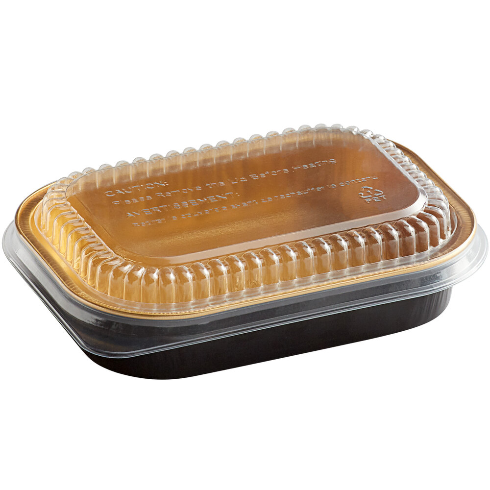 Choice Heavy Duty Smoothwall Black and Gold Mini Oblong Foil Take-Out Pan with Dome Lid 16 oz. - 100/Case