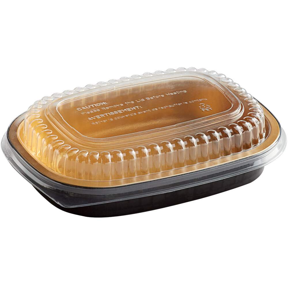 Choice Heavy Duty Smoothwall Black and Gold Small Oblong Foil Take-Out Pan with Dome Lid 23.3 oz. - 100/Case