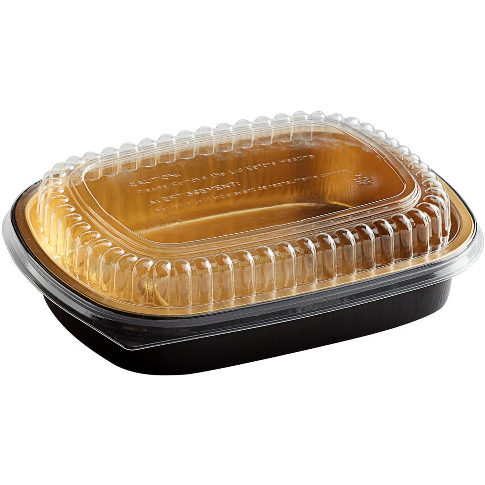 Choice Heavy Duty Smoothwall Black and Gold Medium Oblong Foil Entree / Take-Out Pan with Dome Lid 47.4 oz. - 50/Case