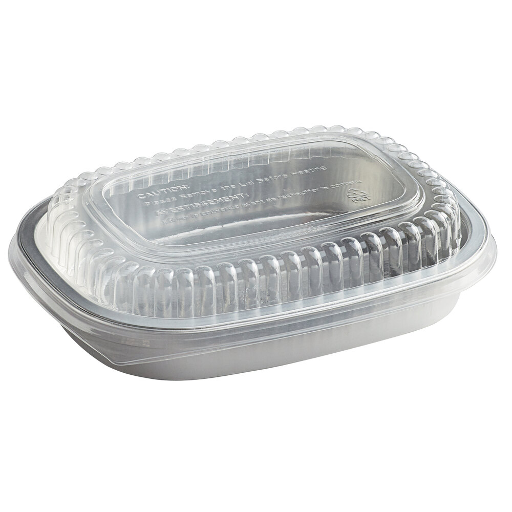 Choice Heavy Duty Smoothwall Silver Small Oblong Foil Take-Out Pan with Dome Lid 23.3 oz. - 100/Case