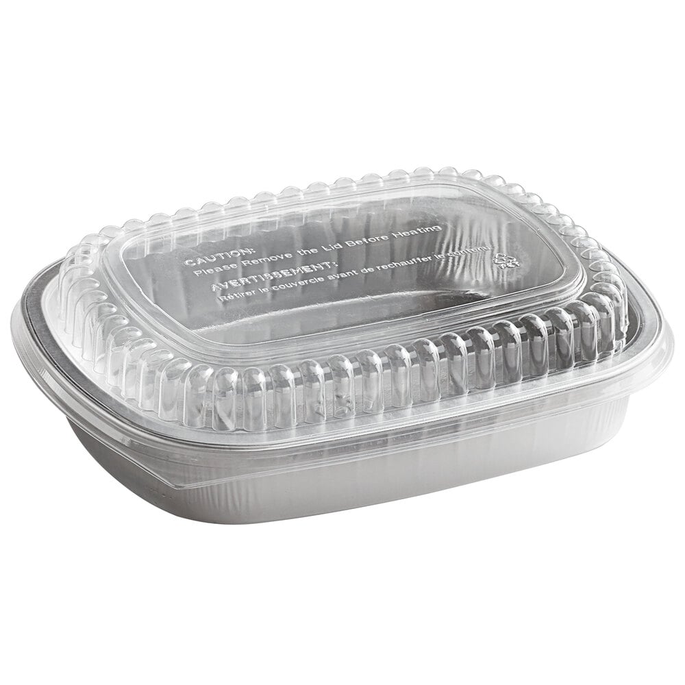 Choice Heavy Duty Smoothwall Silver Medium Oblong Foil Entree / Take-Out Pan with Dome Lid 47.4 oz. - 50/Case
