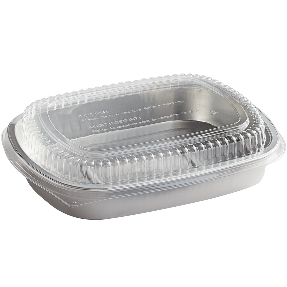 Choice Heavy Duty Smoothwall Silver Large Oblong Foil Entree / Take-Out Pan with Dome Lid 65.6 oz. - 50/Case