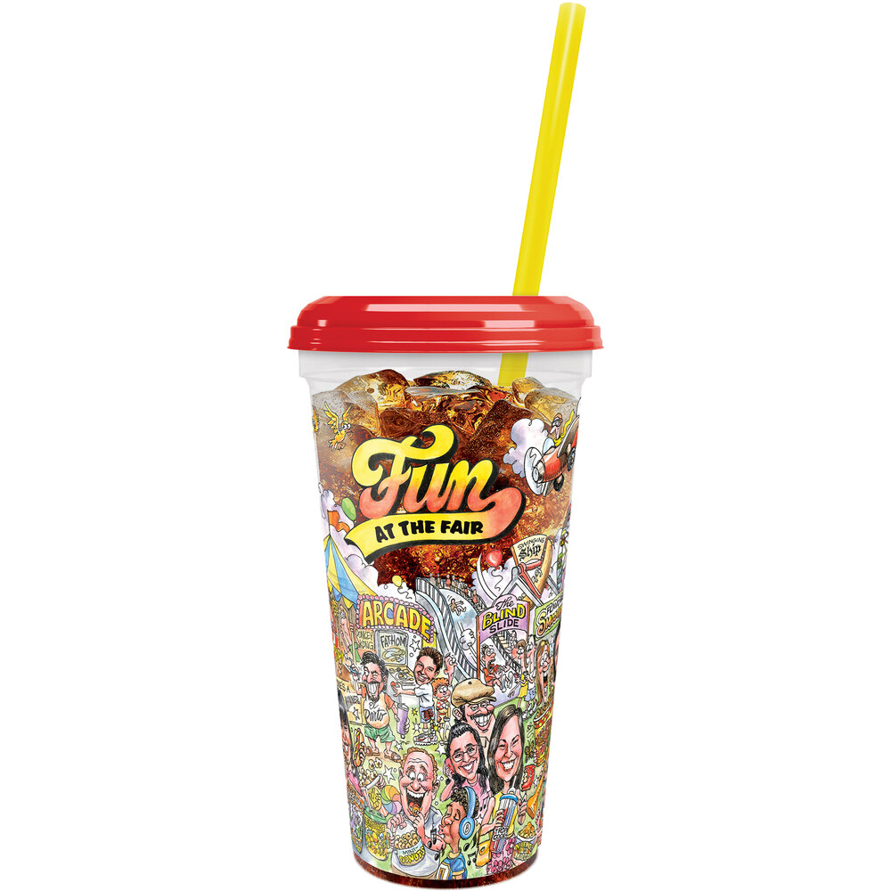 32 oz. Tall Plastic Clear "Fun at the Fair" Design Souvenir Cup with Straw and Lid - 200/Case