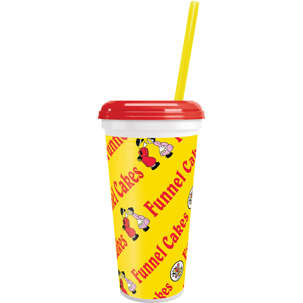 32 oz. Tall Plastic Funnel Cake Design Souvenir Cup with Straw and Lid - 200/Case