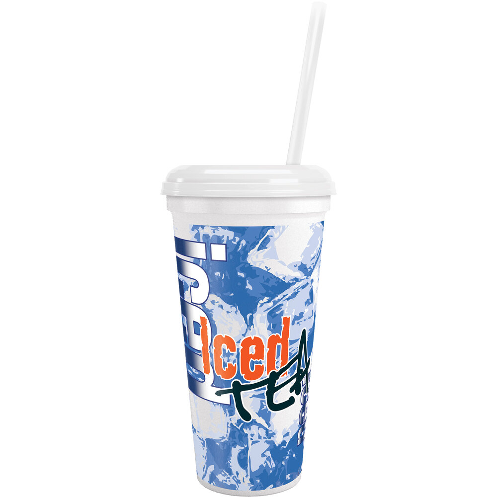 32 oz. Tall Plastic Iced Tea Design Souvenir Cup with Straw and Lid - 200/Case