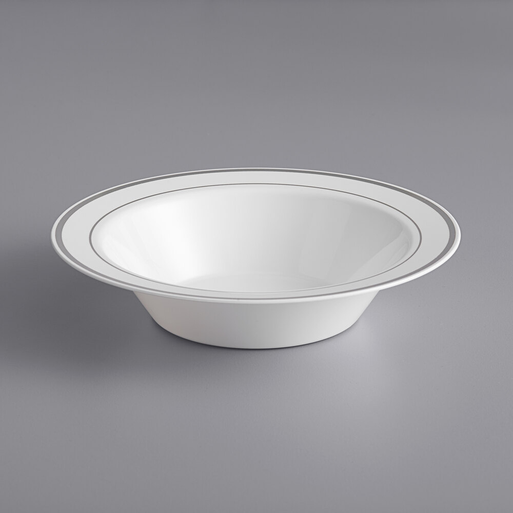 Visions Halo 12 oz. White Plastic Bowl with Silver Bands - 150/Case