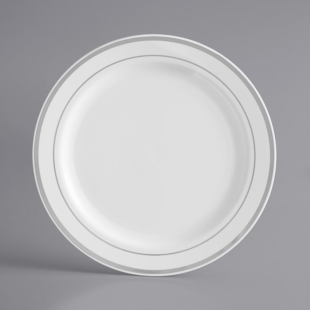 Visions Halo 7" White Plastic Plate with Silver Bands - 150/Case