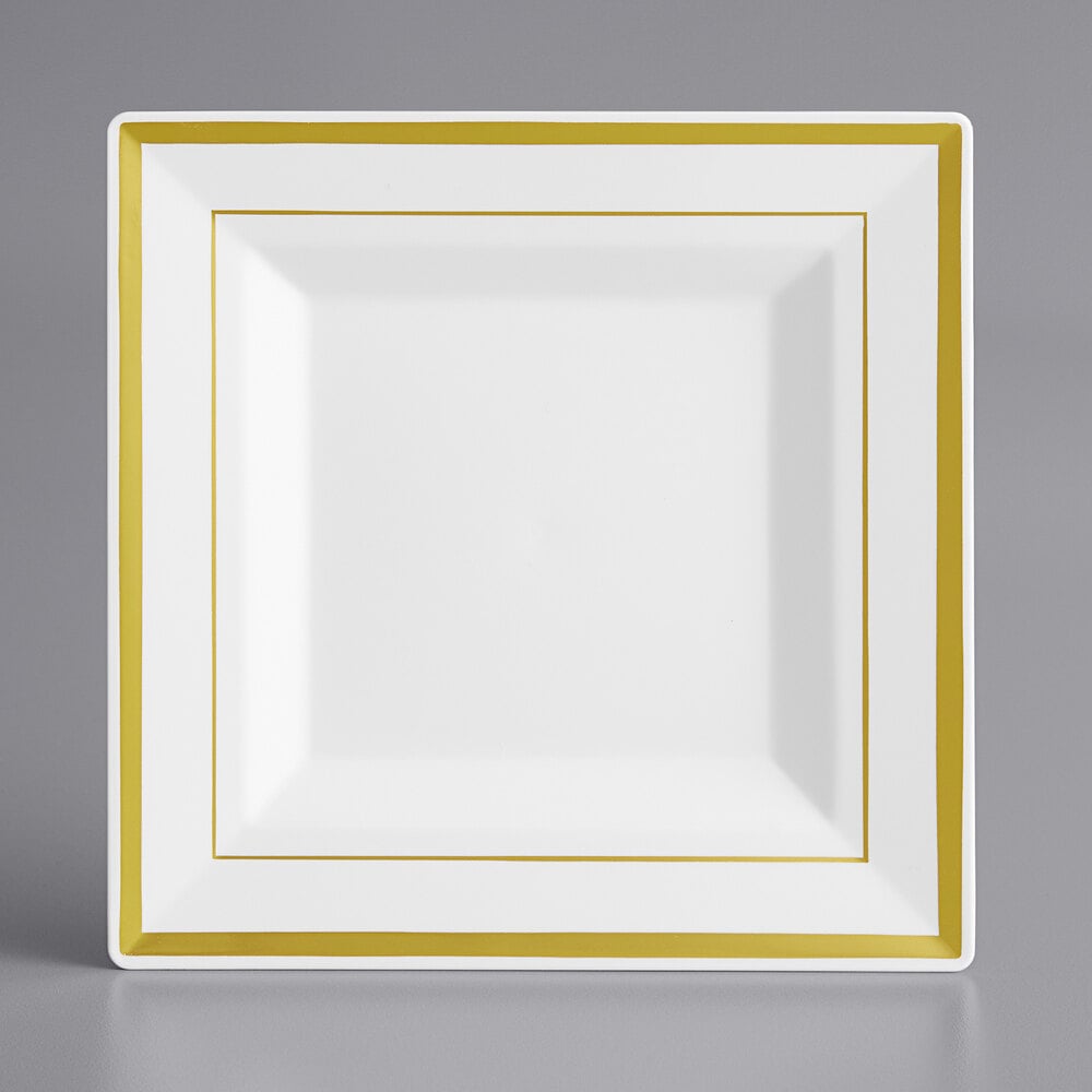 Visions Halo 6" Square White Plastic Plate with Gold Bands - 120/Case