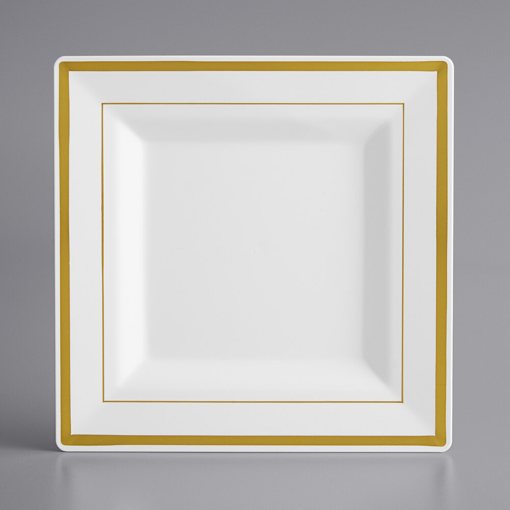 Visions Halo 8" Square White Plastic Plate with Gold Bands - 120/Case