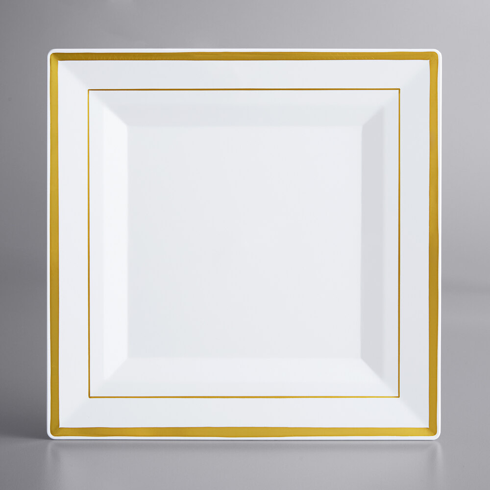 Visions Halo 10" Square White Plastic Plate with Gold Bands - 10/Sample