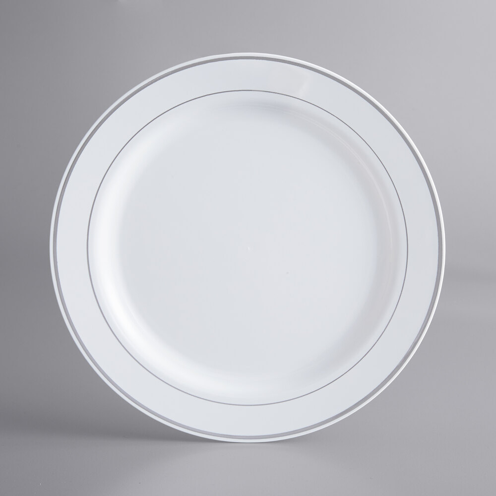 Visions Halo 10" White Plastic Plate with Silver Bands - 12/Sample