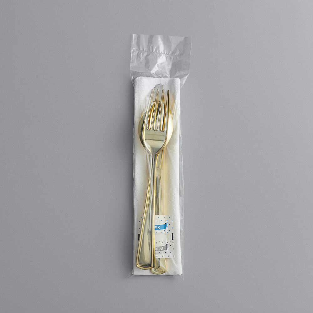 Visions Classic Individually Wrapped Heavy Weight Gold Plastic Cutlery Set with Napkin and Salt and Pepper Packets - 100/Case