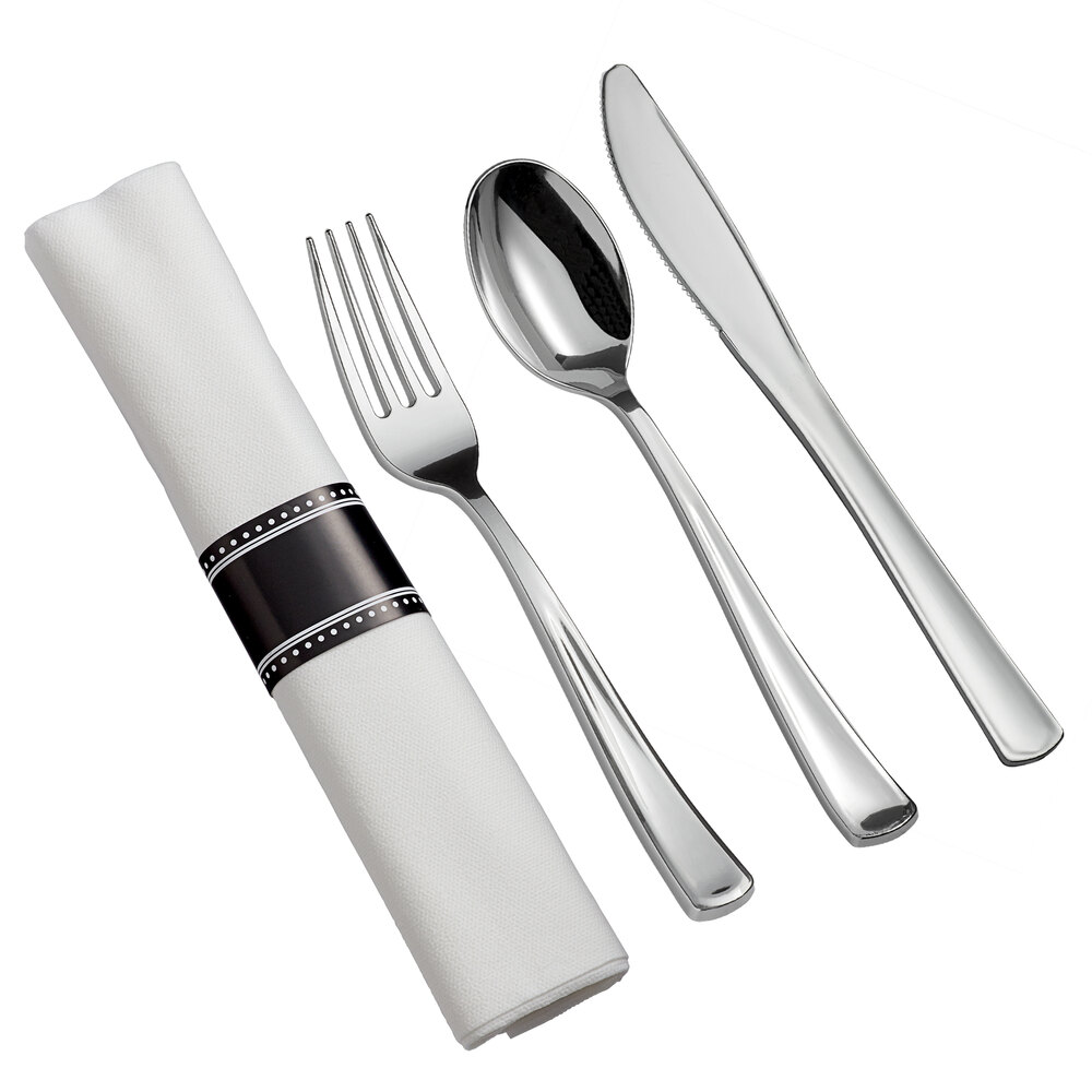 Visions Classic 18" x 15 1/2" Pre-Rolled Linen-Feel White Napkin and Heavy Weight Silver Plastic Cutlery Set - 100/Case