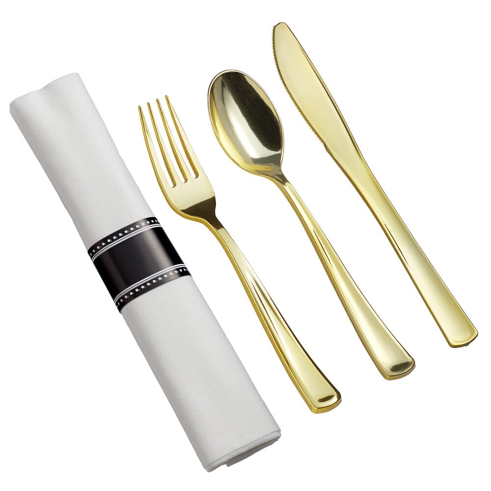 Visions Classic 18" x 15 1/2" Pre-Rolled Linen-Feel White Napkin and Heavy Weight Gold Plastic Cutlery Set - 100/Case