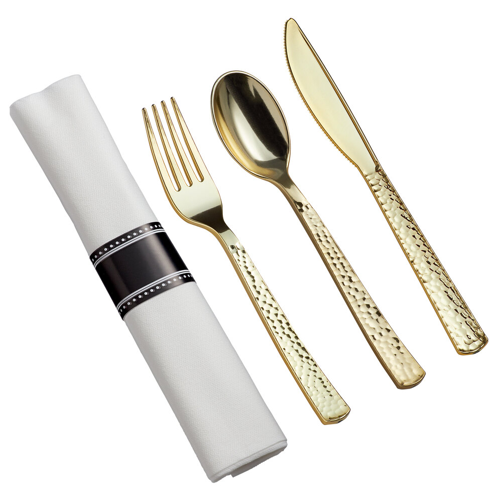 Visions Hammered 18" x 15 1/2" Pre-Rolled Linen-Feel White Napkin and Heavy Weight Gold Plastic Cutlery Set - 100/Case