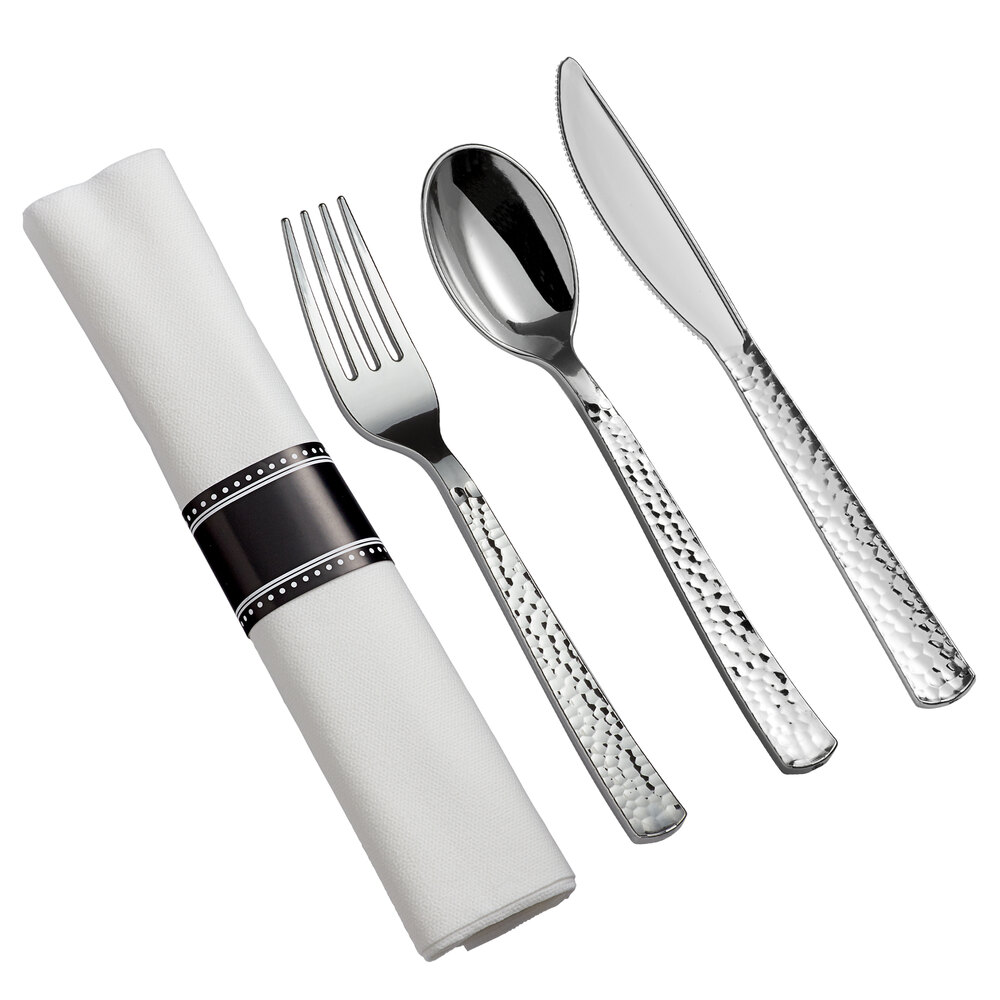 Visions Hammered 18" x 15 1/2" Pre-Rolled Linen-Feel White Napkin and Heavy Weight Silver Plastic Cutlery Set - 100/Case