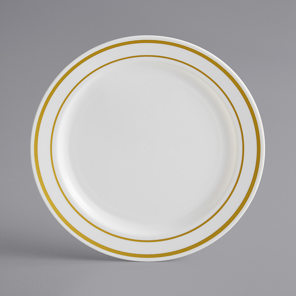 Visions Halo 6" Bone / Ivory Plastic Plate with Gold Bands - 15/Sample