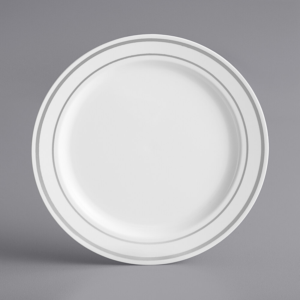 Visions Halo 6" White Plastic Plate with Silver Bands - 15/Sample